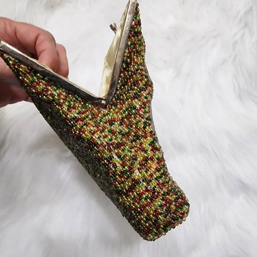 Vintage unbranded glass‎ seed beaded gold, red & green clutch chain handle purse